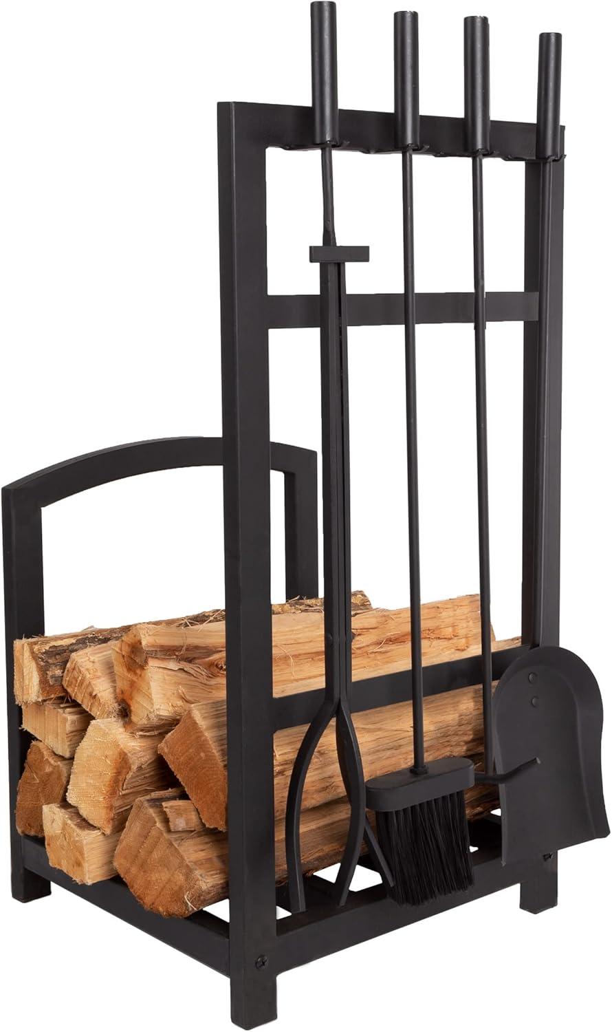 image5Piece Fireplace Tool Set and Log Rack MissionStyle Firewood Holder with Shovel Broom Tongs and Poker for Hearth by Lavish Home Matte BlackTool Set Log Rack