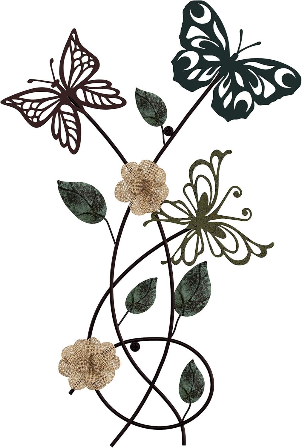 imageFloral Butterfly Metal Wall Art Rustic Butterflies with Burlap Leaves and Flowers for Modern Farmhouse Living Room Decor By Lavish Home MulticolorGarden Butterfly