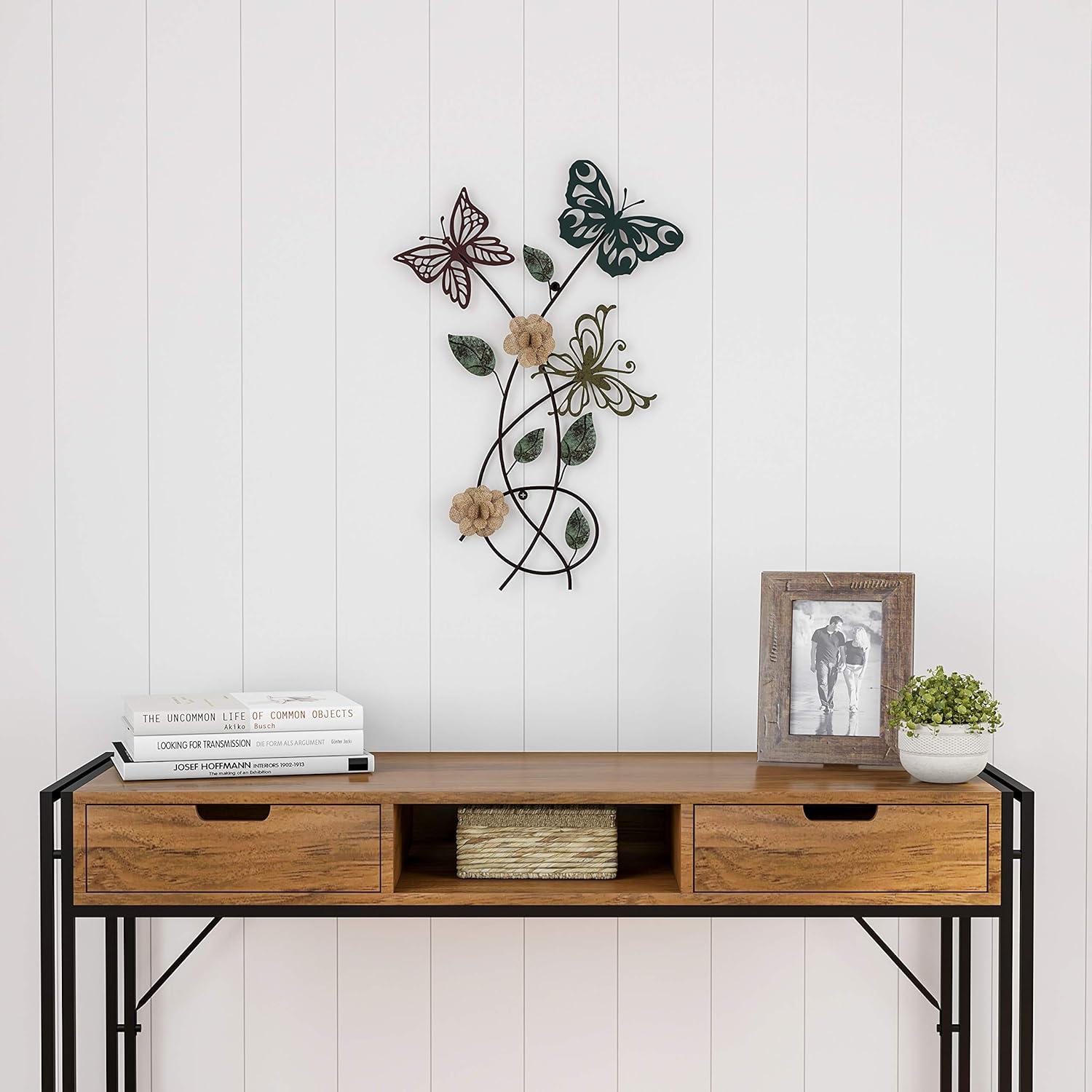 imageFloral Butterfly Metal Wall Art Rustic Butterflies with Burlap Leaves and Flowers for Modern Farmhouse Living Room Decor By Lavish Home MulticolorGarden Butterfly