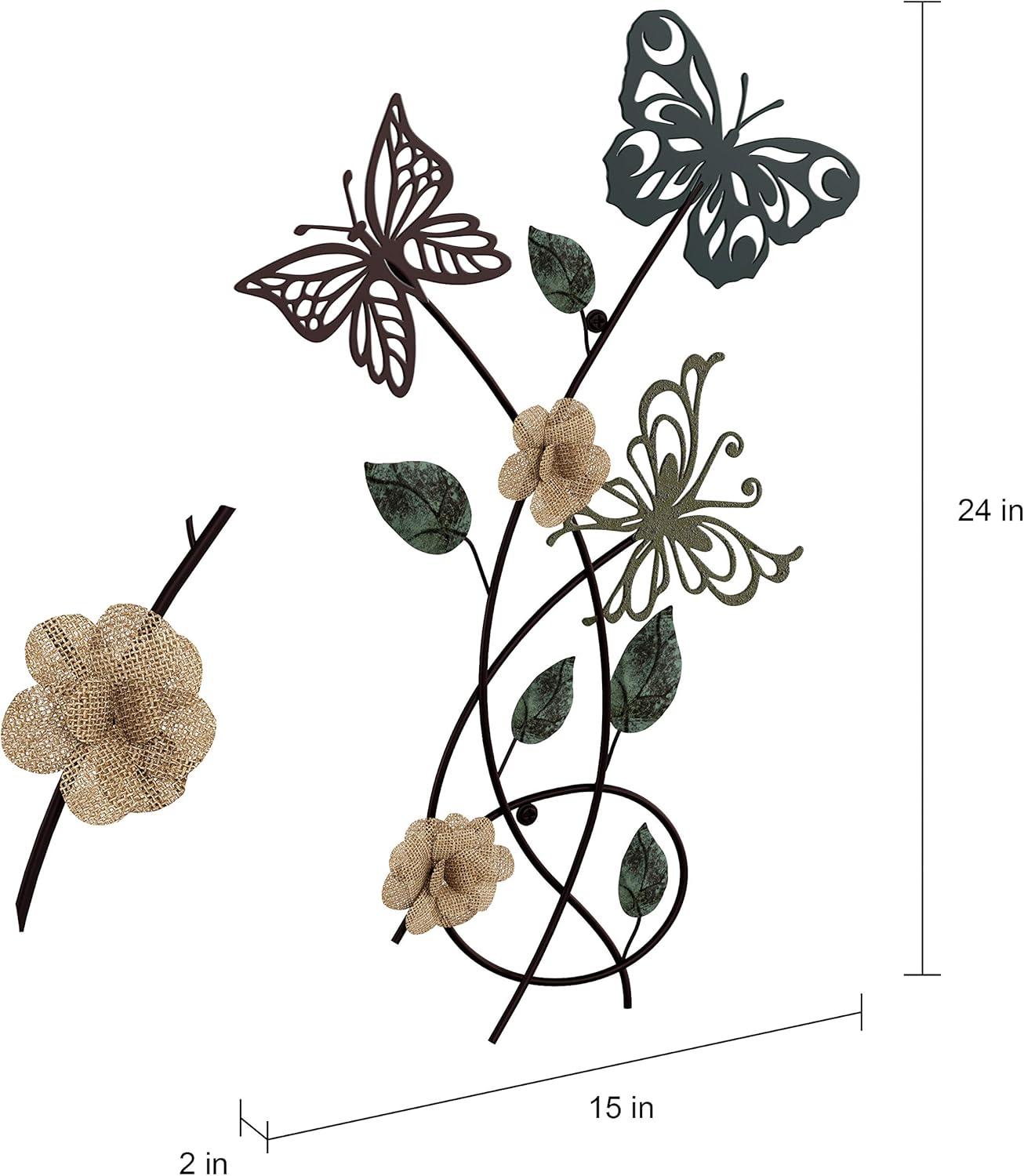 imageFloral Butterfly Metal Wall Art Rustic Butterflies with Burlap Leaves and Flowers for Modern Farmhouse Living Room Decor By Lavish Home MulticolorGarden Butterfly