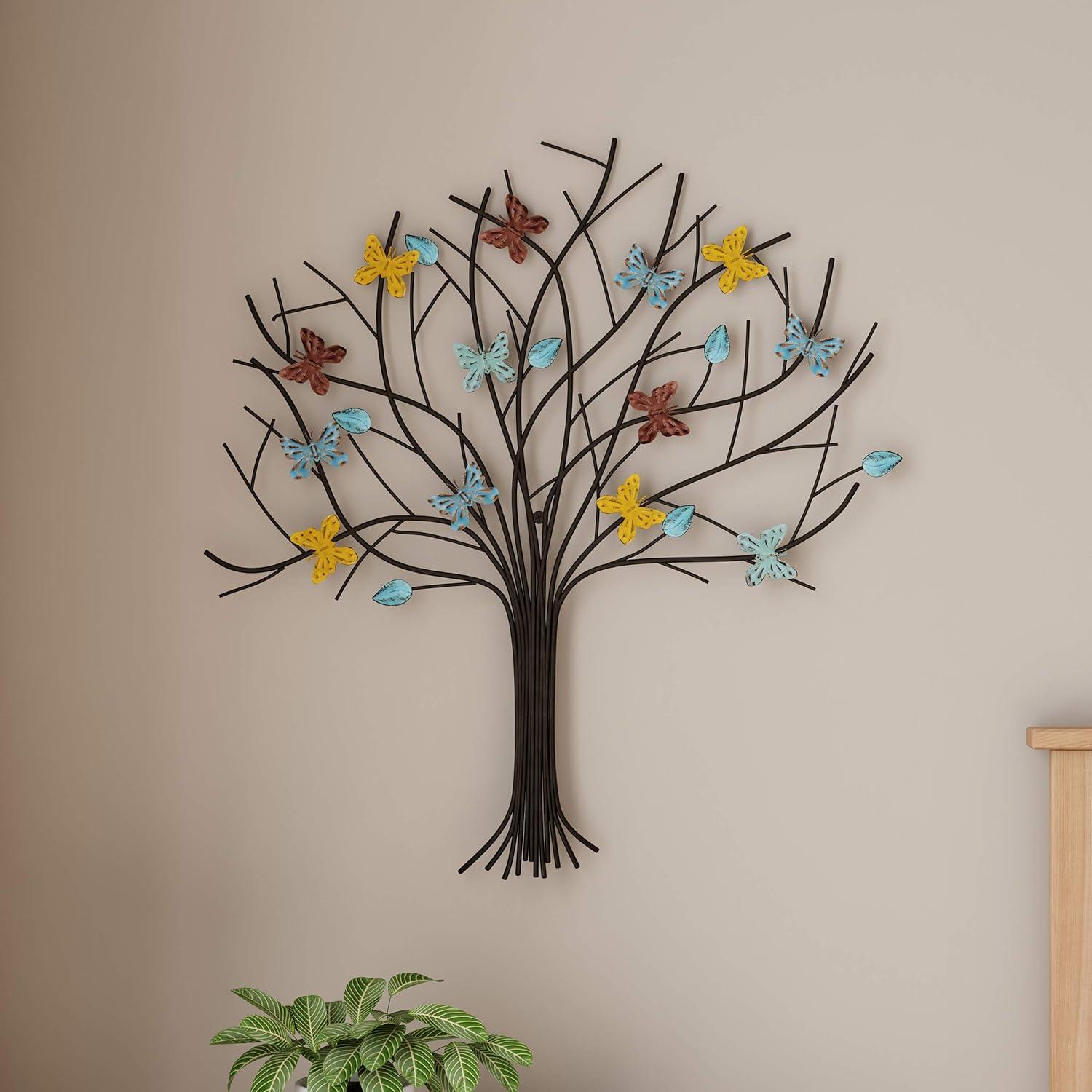 imageFloral Butterfly Metal Wall Art Rustic Butterflies with Burlap Leaves and Flowers for Modern Farmhouse Living Room Decor By Lavish Home MulticolorTree of Life
