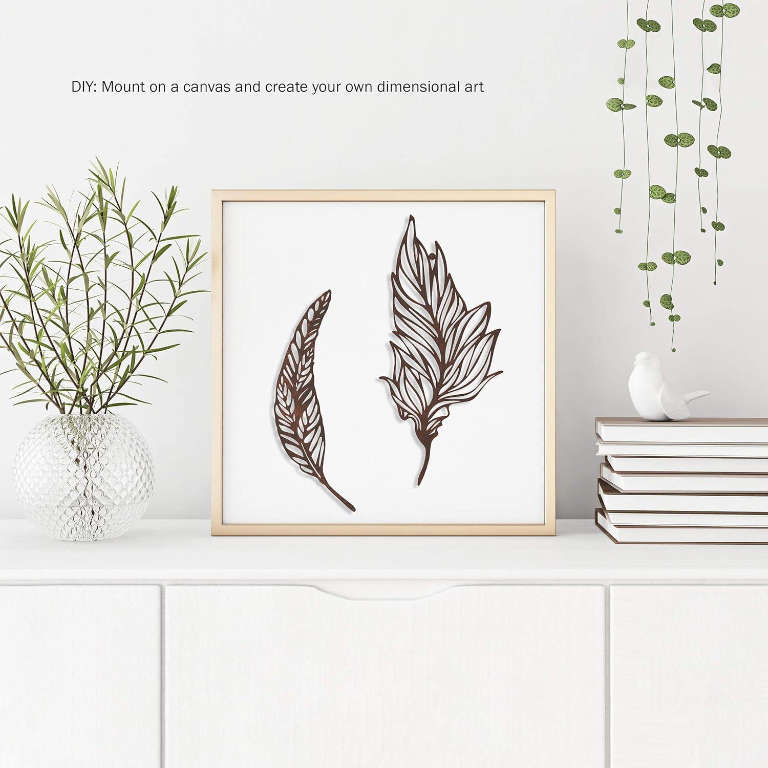 imageHome Wall DecorSet of Two Metal Feather Hanging Wall Art Laser Cut Contemporary Nature Sculpture for Living Room Bedroom Kitchen by Lavish BrownL 925 x W 005 x H 1975