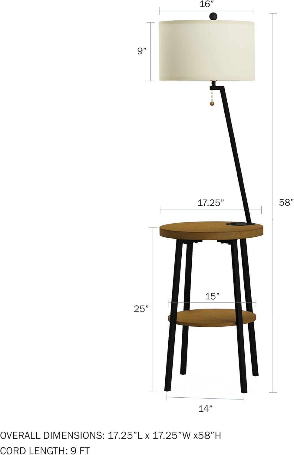 imageLavish Home Floor Lamp with Table MidCentury Modern Nightstand or Side Table with USB Charging Port and Drum Shade Standing Light with Shelves