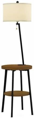 imageLavish Home Floor Lamp with Table MidCentury Modern Nightstand or Side Table with USB Charging Port and Drum Shade Standing Light with Shelves