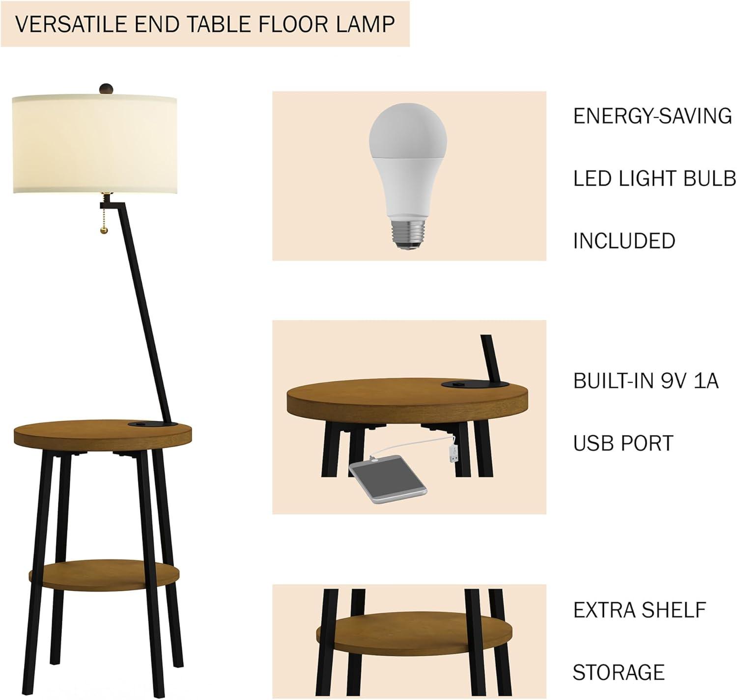 imageLavish Home Floor Lamp with Table MidCentury Modern Nightstand or Side Table with USB Charging Port and Drum Shade Standing Light with Shelves