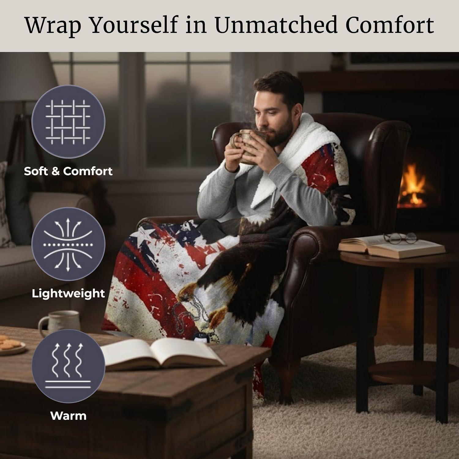 imageLavish Home Sherpa Fleece Throw Blanket American Flag Bald Eagle Print Lightweight Hypoallergenic Bed Couch Plush Blanket for Adults and Kids