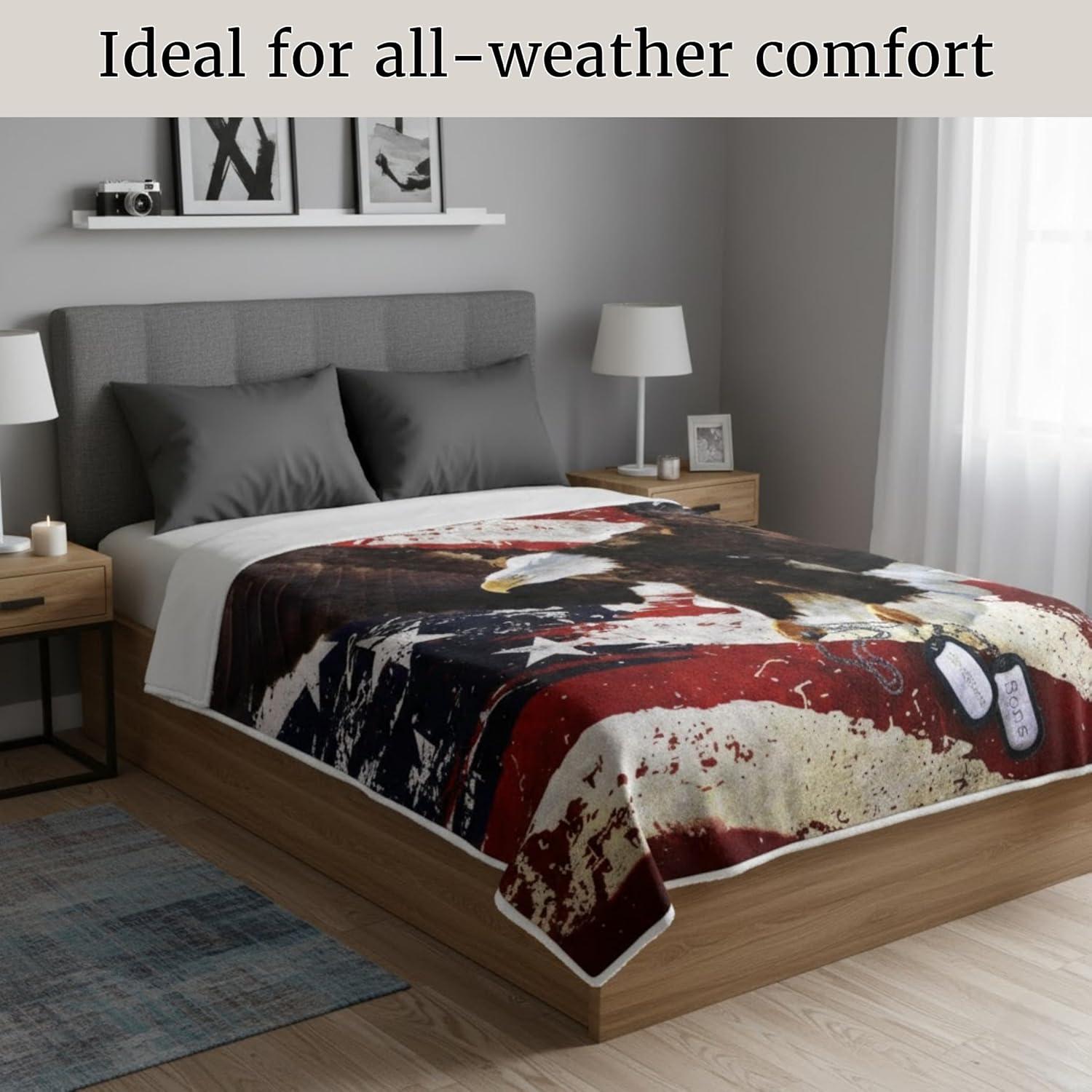 imageLavish Home Sherpa Fleece Throw Blanket American Flag Bald Eagle Print Lightweight Hypoallergenic Bed Couch Plush Blanket for Adults and Kids