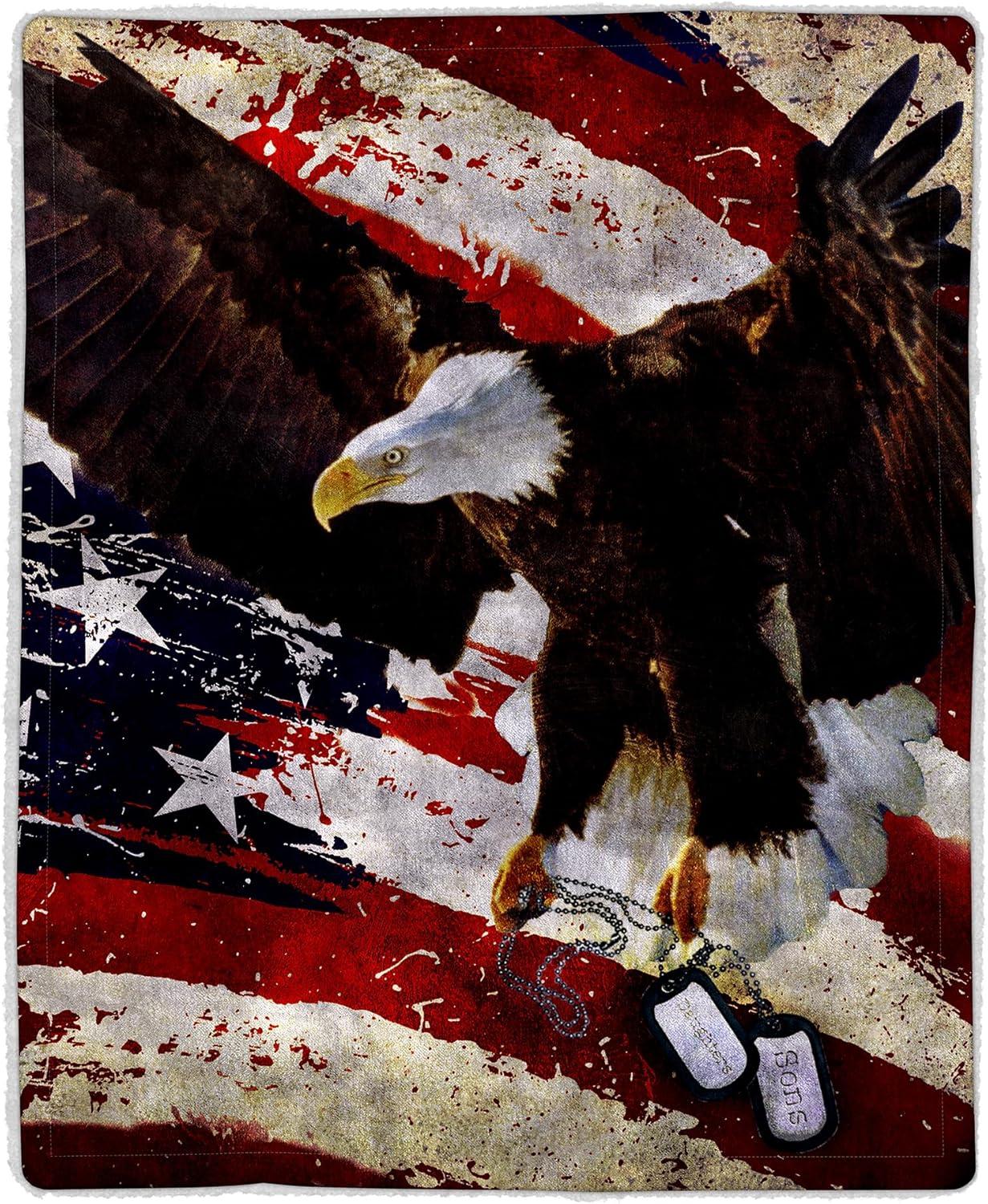 imageLavish Home Sherpa Fleece Throw Blanket American Flag Bald Eagle Print Lightweight Hypoallergenic Bed Couch Plush Blanket for Adults and Kids