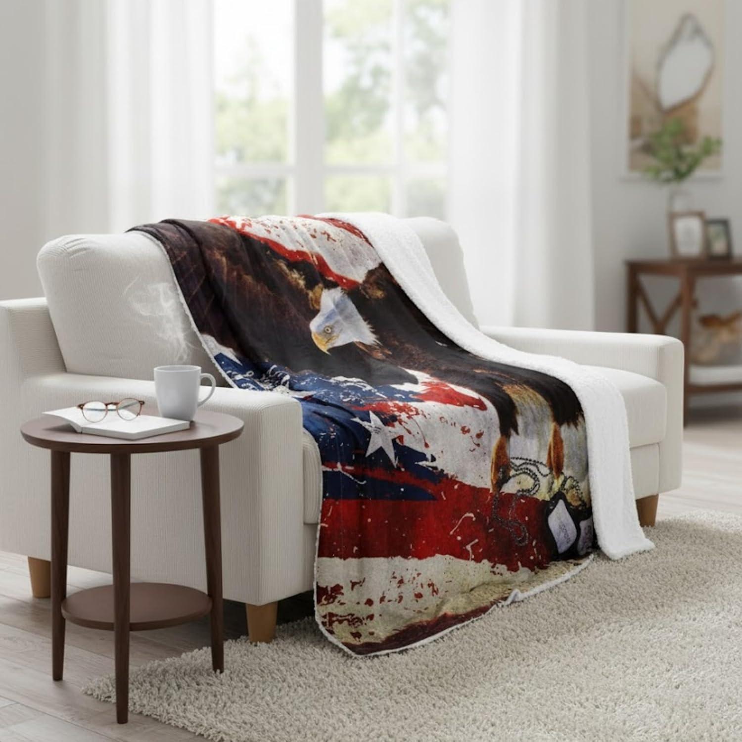 imageLavish Home Sherpa Fleece Throw Blanket American Flag Bald Eagle Print Lightweight Hypoallergenic Bed Couch Plush Blanket for Adults and Kids
