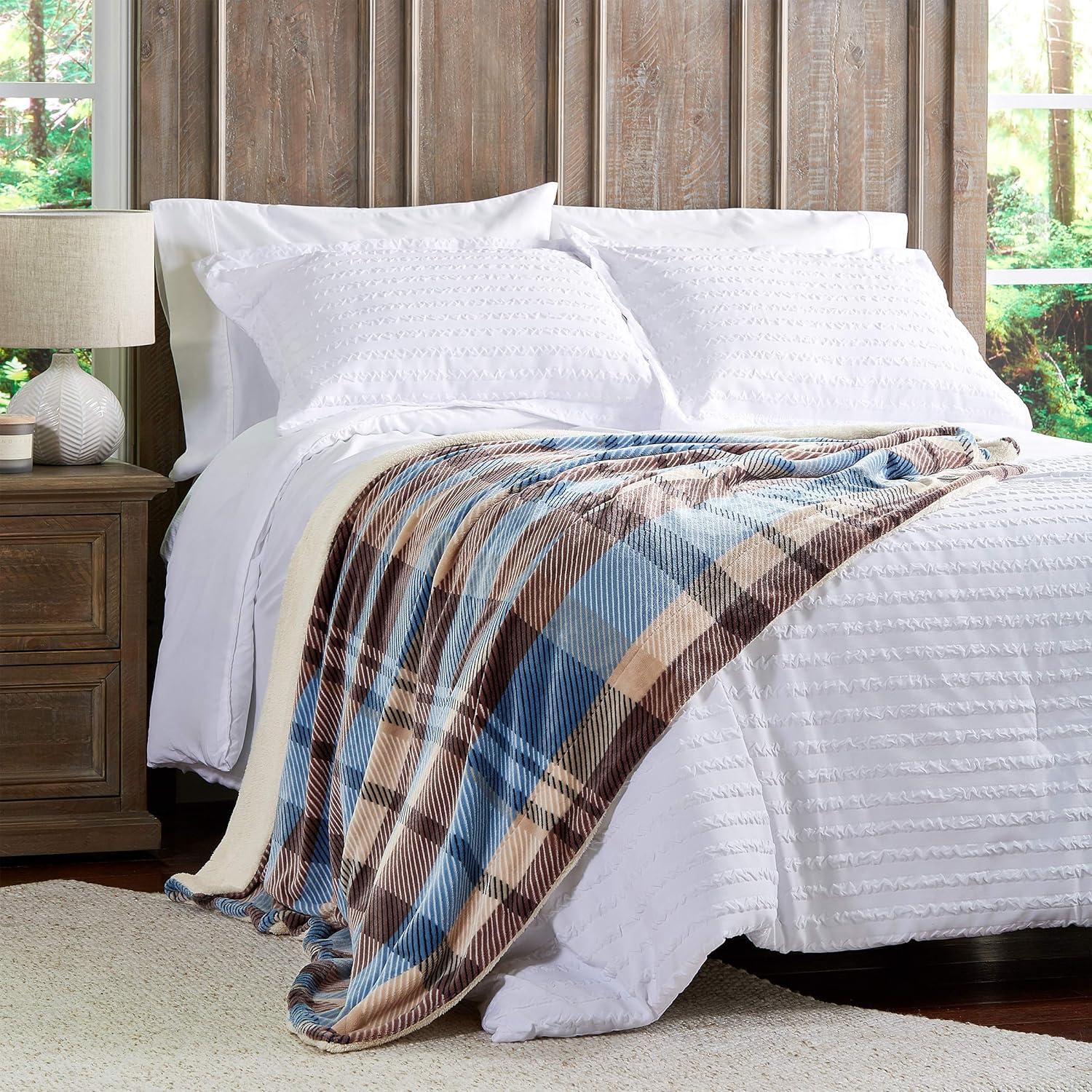 imagePoly Fleece Sherpa Throw Oversized Plush Woven Polyester Couch Blanket Breathable and Machine Washable by Lavish Home PinkPurple PlaidHorizon