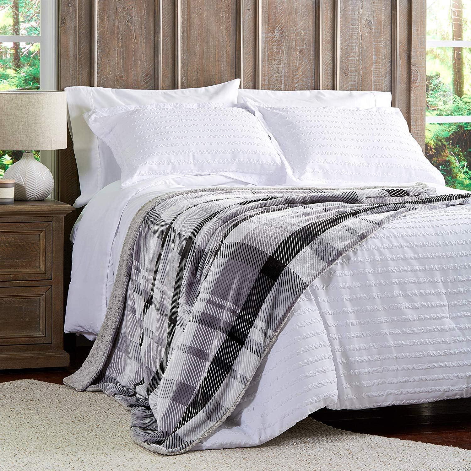 imagePoly Fleece Sherpa Throw Oversized Plush Woven Polyester Couch Blanket Breathable and Machine Washable by Lavish Home PinkPurple PlaidPhantom