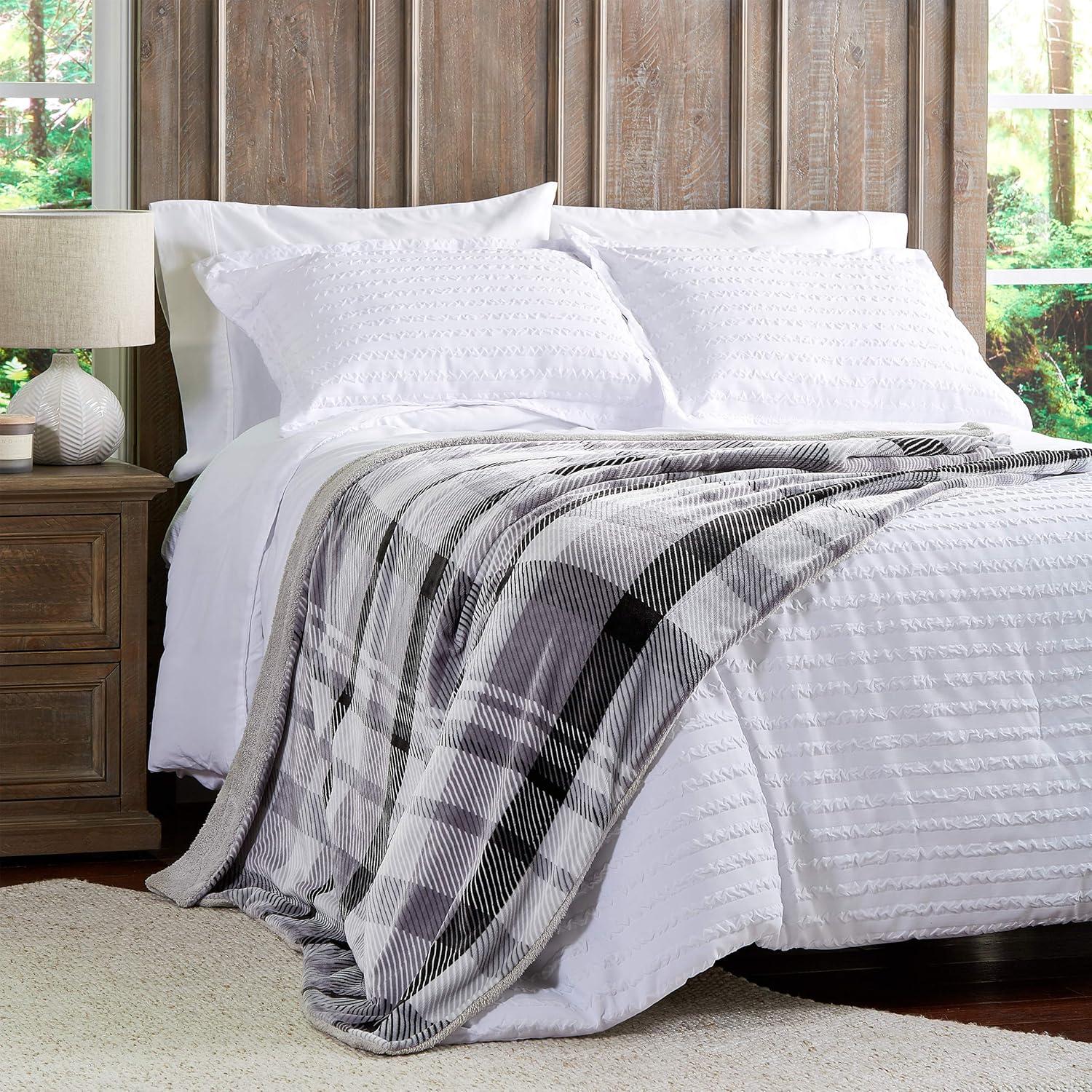 imagePoly Fleece Sherpa Throw Oversized Plush Woven Polyester Couch Blanket Breathable and Machine Washable by Lavish Home PinkPurple PlaidPhantom