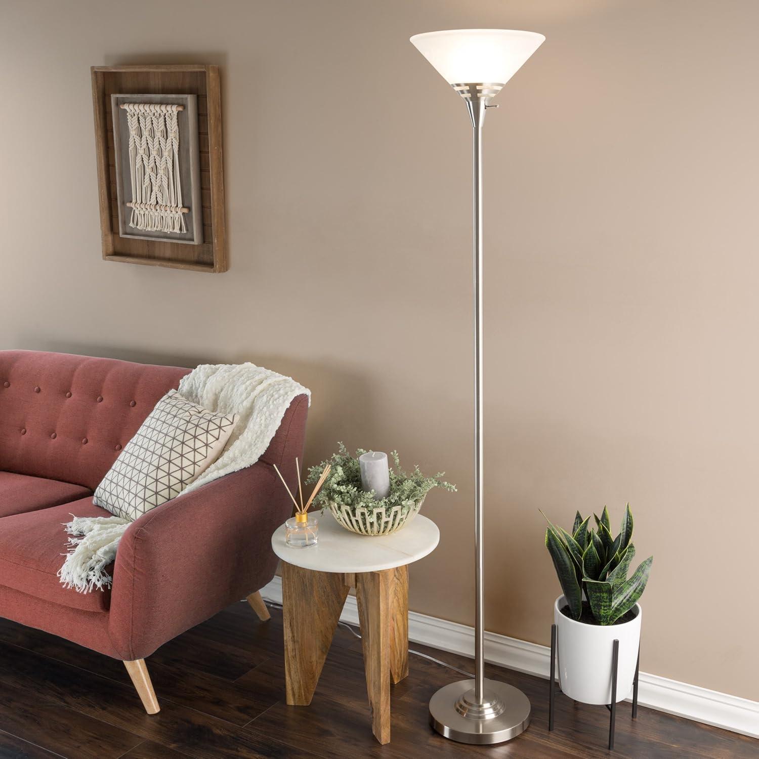 imageTorchiere Floor Lamp Standing Bedroom Light with Sturdy Metal Base and Marbleized Glass Shade LED Bulb Included by Lavish Home Brushed SilverBrushed Silver
