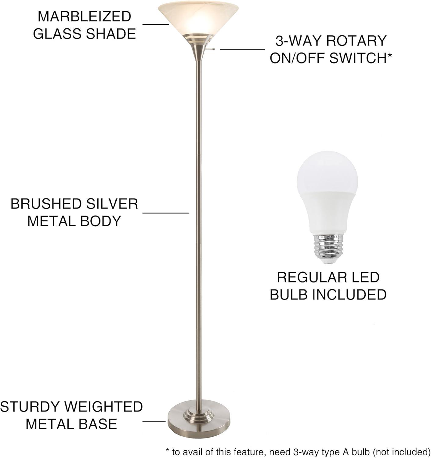 imageTorchiere Floor Lamp Standing Bedroom Light with Sturdy Metal Base and Marbleized Glass Shade LED Bulb Included by Lavish Home Brushed SilverBrushed Silver