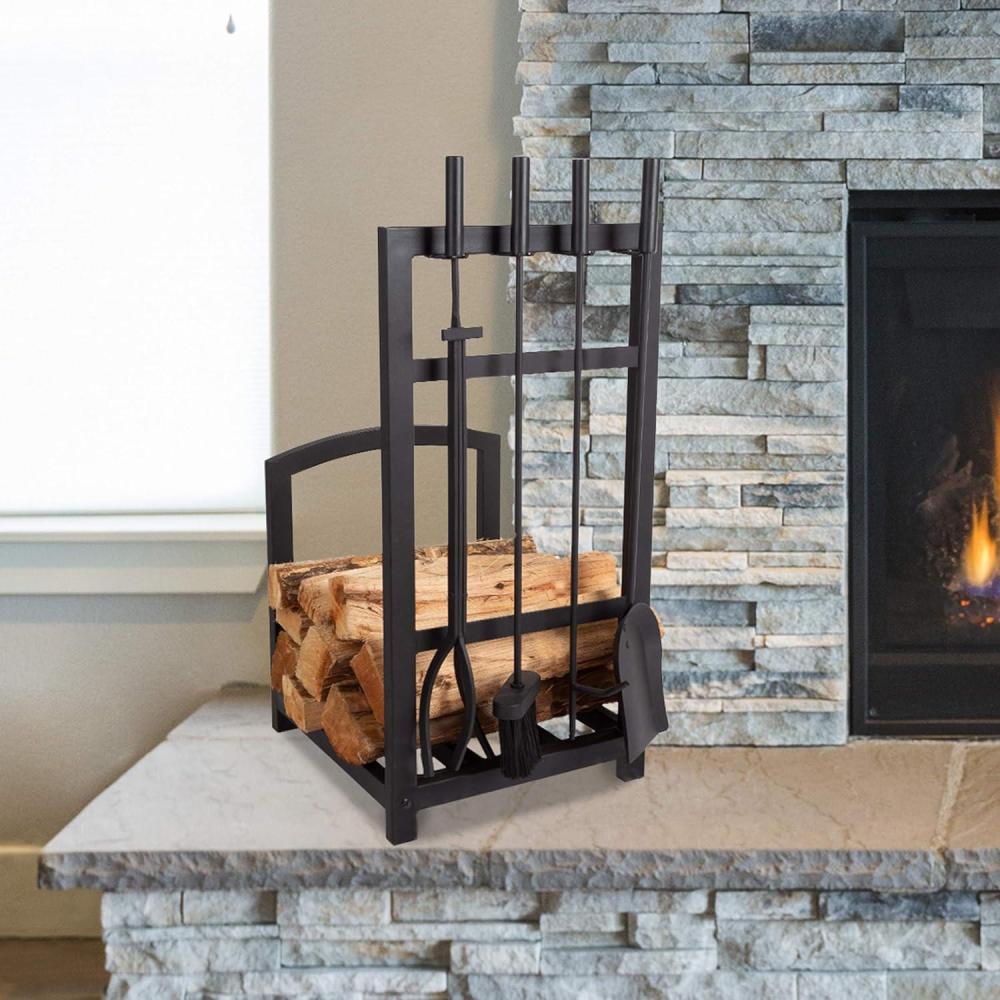 image5Piece Fireplace Tool Set and Log Rack MissionStyle Firewood Holder with Shovel Broom Tongs and Poker for Hearth by Lavish Home Matte BlackTool Set Log Rack