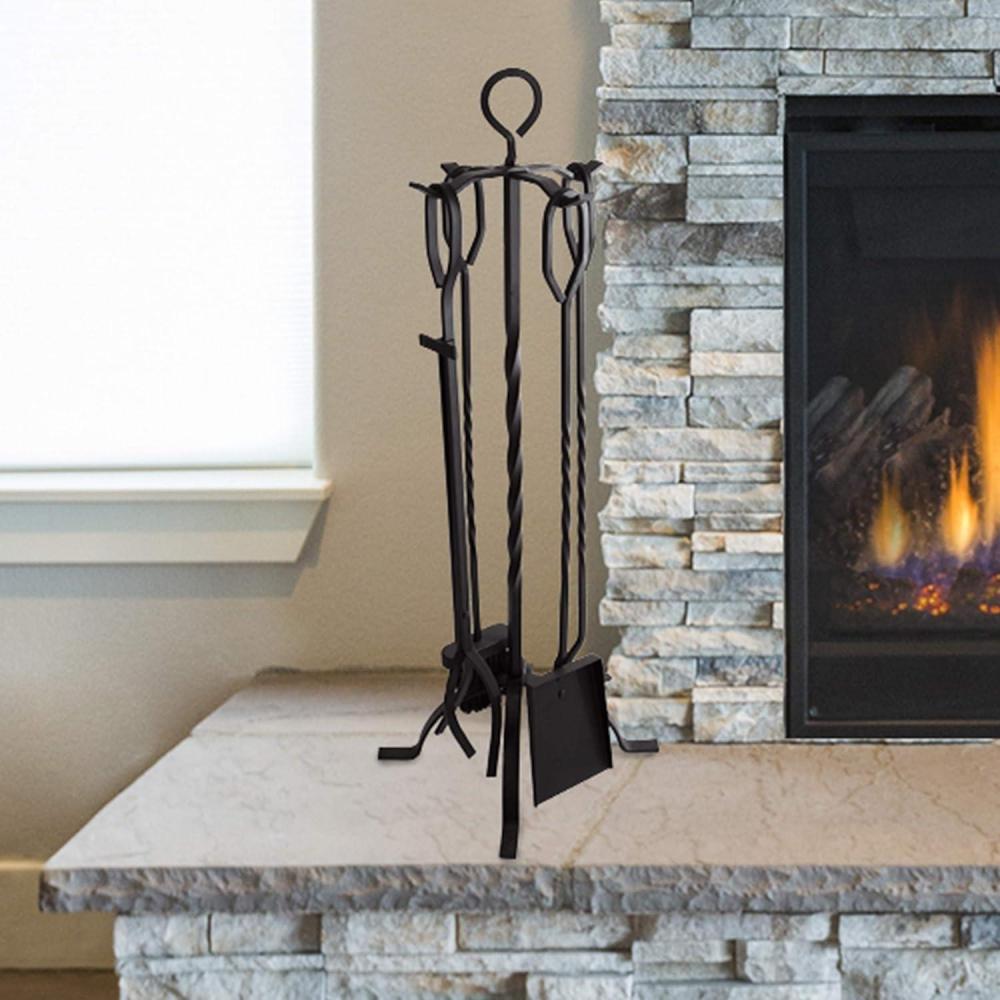 image5Piece Fireplace Tool Set and Log Rack MissionStyle Firewood Holder with Shovel Broom Tongs and Poker for Hearth by Lavish Home Matte BlackTool Set