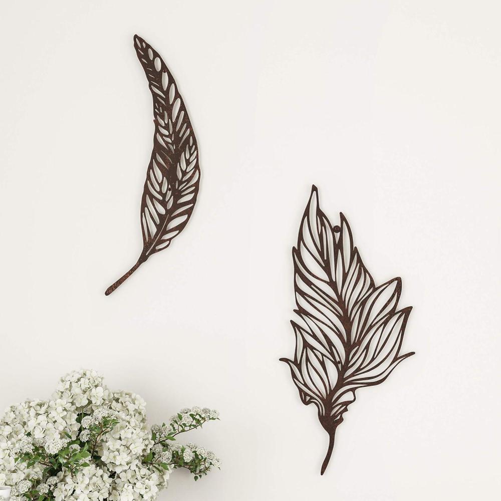 imageHome Wall DecorSet of Two Metal Feather Hanging Wall Art Laser Cut Contemporary Nature Sculpture for Living Room Bedroom Kitchen by Lavish BrownL 925 x W 005 x H 1975