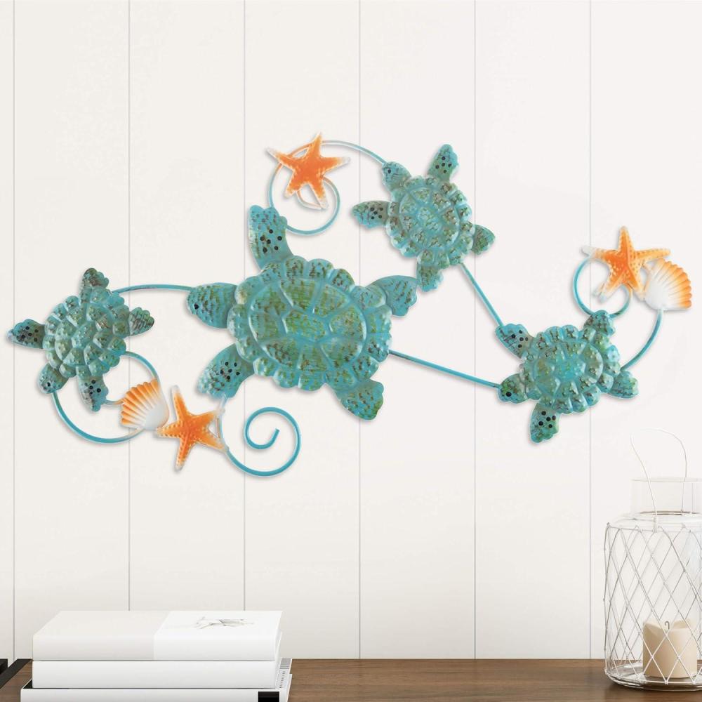 imageLavish Home Sea Turtles Wall Art with Shells and Starfish Nautical 3D Metal Hanging DcorVintage Coastal Under Water Sea Life Ocean Home Artwork