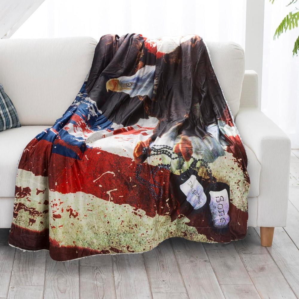 imageLavish Home Sherpa Fleece Throw Blanket American Flag Bald Eagle Print Lightweight Hypoallergenic Bed Couch Plush Blanket for Adults and Kids
