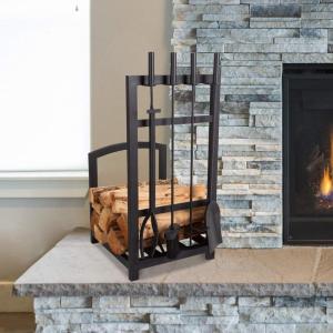 5-Piece Fireplace Tool Set and Log Rack – Mission-Style Firewood Holder with Shovel, Broom, Tongs, and Poker for Hearth by Lavish Home (Matte Black)(Tool Set & Log Rack)