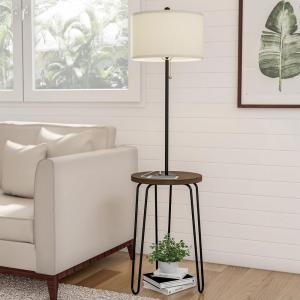 Floor Lamp with Table – Mid-Century Modern Nightstand or Side Table with USB Port and Hairpin Legs – Standing Light with Shelves by Lavish Home