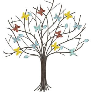 Floral Butterfly Metal Wall Art – Rustic Butterflies with Burlap Leaves and Flowers for Modern Farmhouse Living Room Decor By Lavish Home (Multicolor)(Tree of Life)