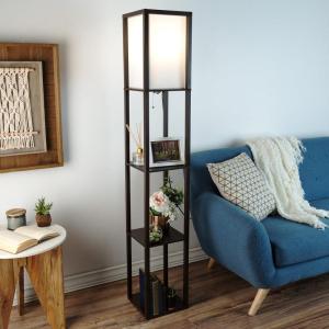Lavish Home Floor Lamp – Etagere Style Standing Light with 3 Tiers of Storage Shelving for Accent Décor Organization – Display Shelf Lighting (Black)(Brown)