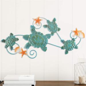 Lavish Home Sea Turtles Wall Art with Shells and Starfish- Nautical 3D Metal Hanging Décor-Vintage Coastal Under Water Sea Life Ocean Home Artwork