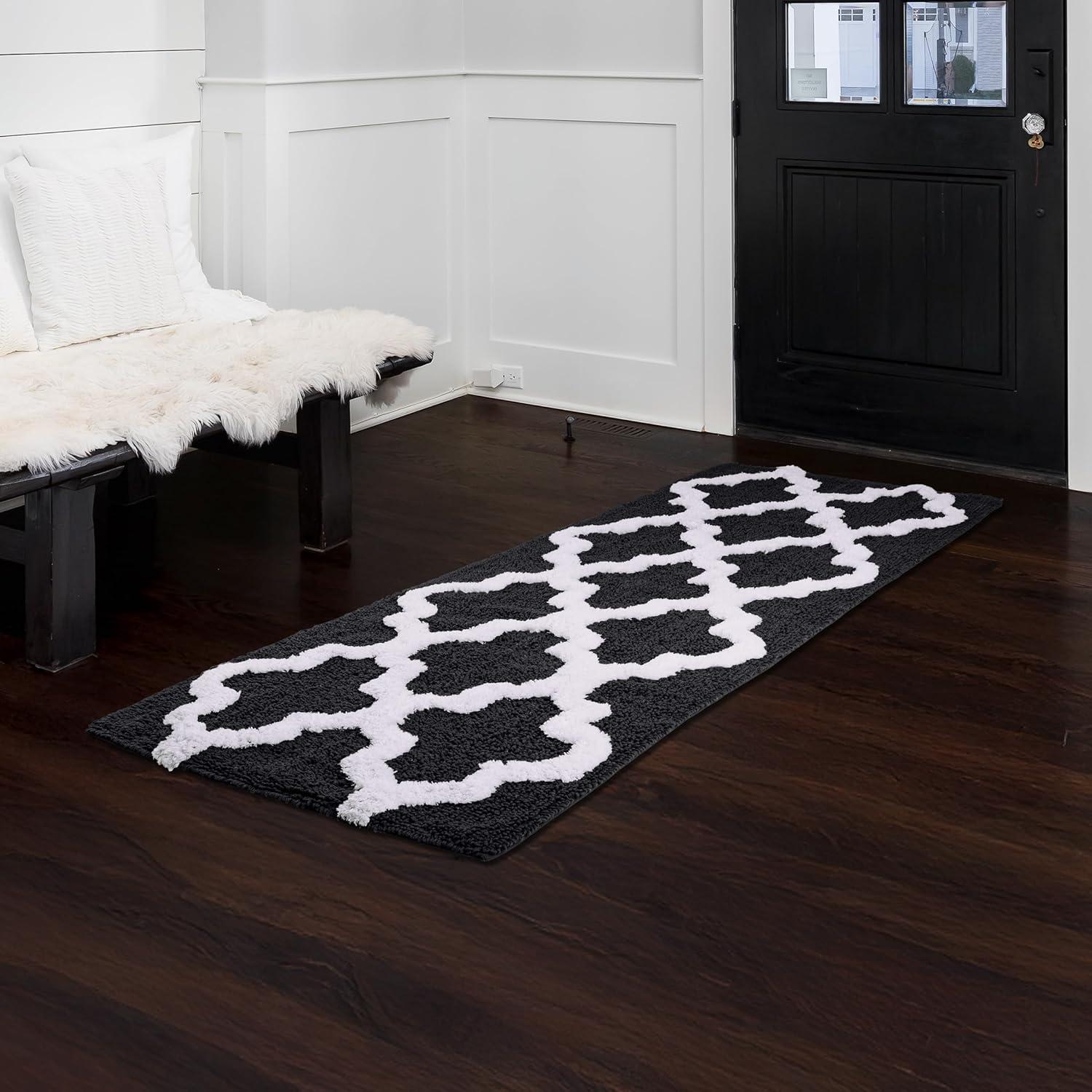 image100 Cotton Bathroom Rug 24x60Inch Bathmat with Trellis Pattern and NonSlip Base Machine Washable Bathroom Rugs by Lavish Home BlackBlack