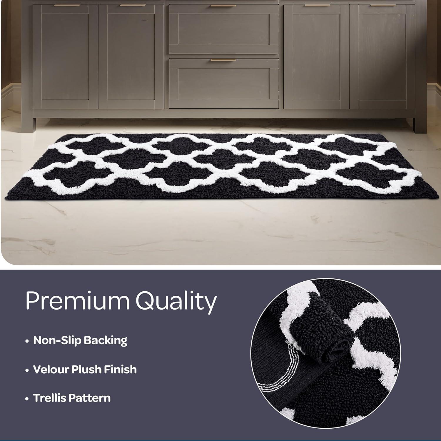 image100 Cotton Bathroom Rug 24x60Inch Bathmat with Trellis Pattern and NonSlip Base Machine Washable Bathroom Rugs by Lavish Home BlackBlack