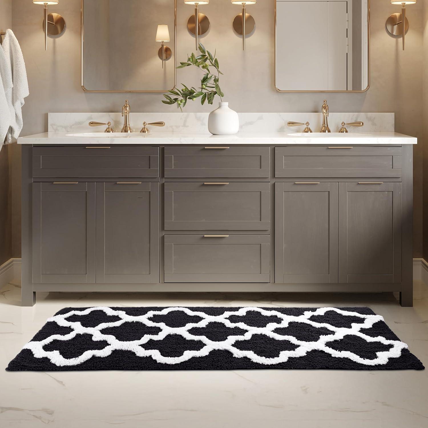 image100 Cotton Bathroom Rug 24x60Inch Bathmat with Trellis Pattern and NonSlip Base Machine Washable Bathroom Rugs by Lavish Home BlackBlack