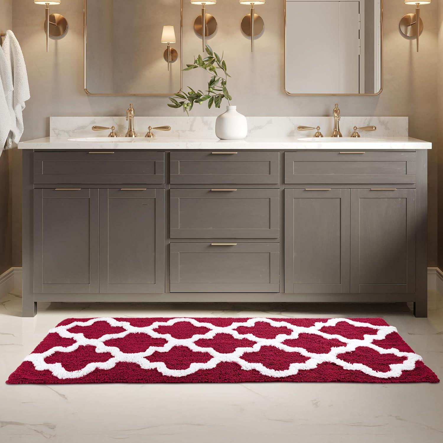 image100 Cotton Bathroom Rug 24x60Inch Bathmat with Trellis Pattern and NonSlip Base Machine Washable Bathroom Rugs by Lavish Home BlackBurgundy