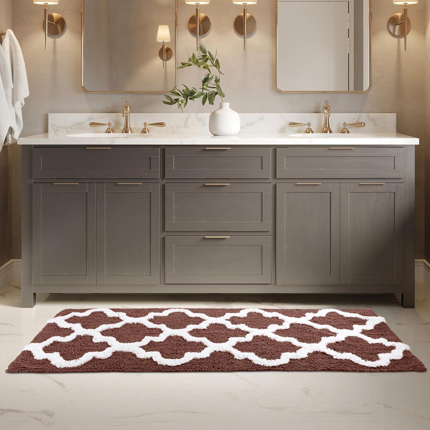 image100 Cotton Bathroom Rug 24x60Inch Bathmat with Trellis Pattern and NonSlip Base Machine Washable Bathroom Rugs by Lavish Home BlackChocolate