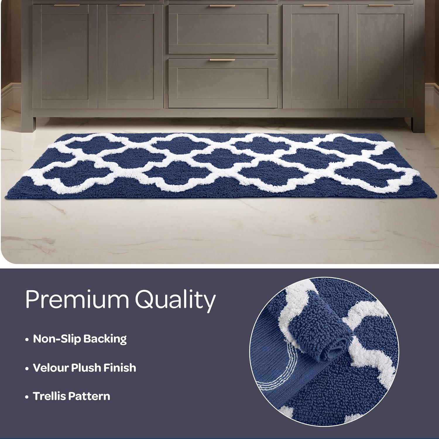image100 Cotton Bathroom Rug 24x60Inch Bathmat with Trellis Pattern and NonSlip Base Machine Washable Bathroom Rugs by Lavish Home BlackNavy