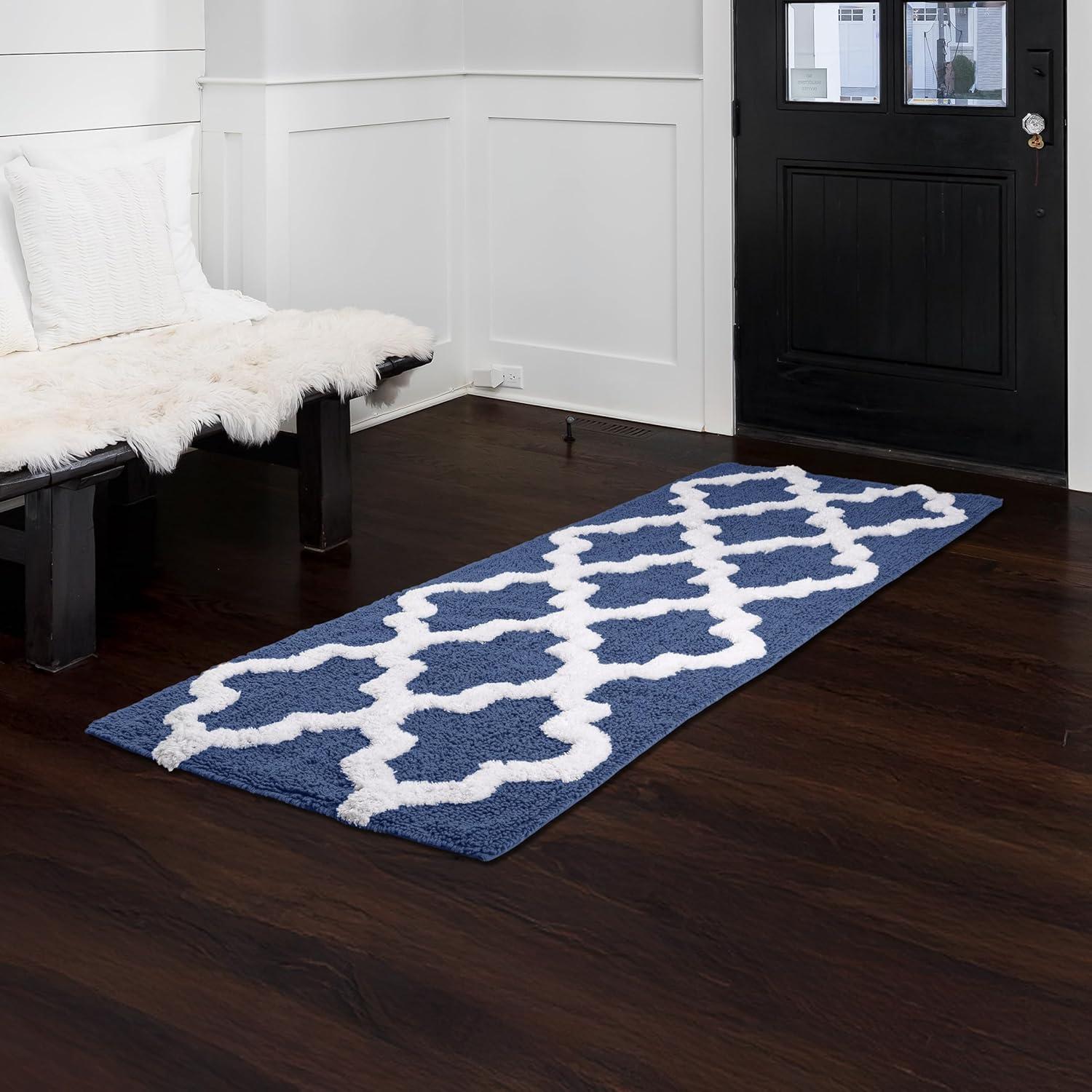 image100 Cotton Bathroom Rug 24x60Inch Bathmat with Trellis Pattern and NonSlip Base Machine Washable Bathroom Rugs by Lavish Home BlackNavy