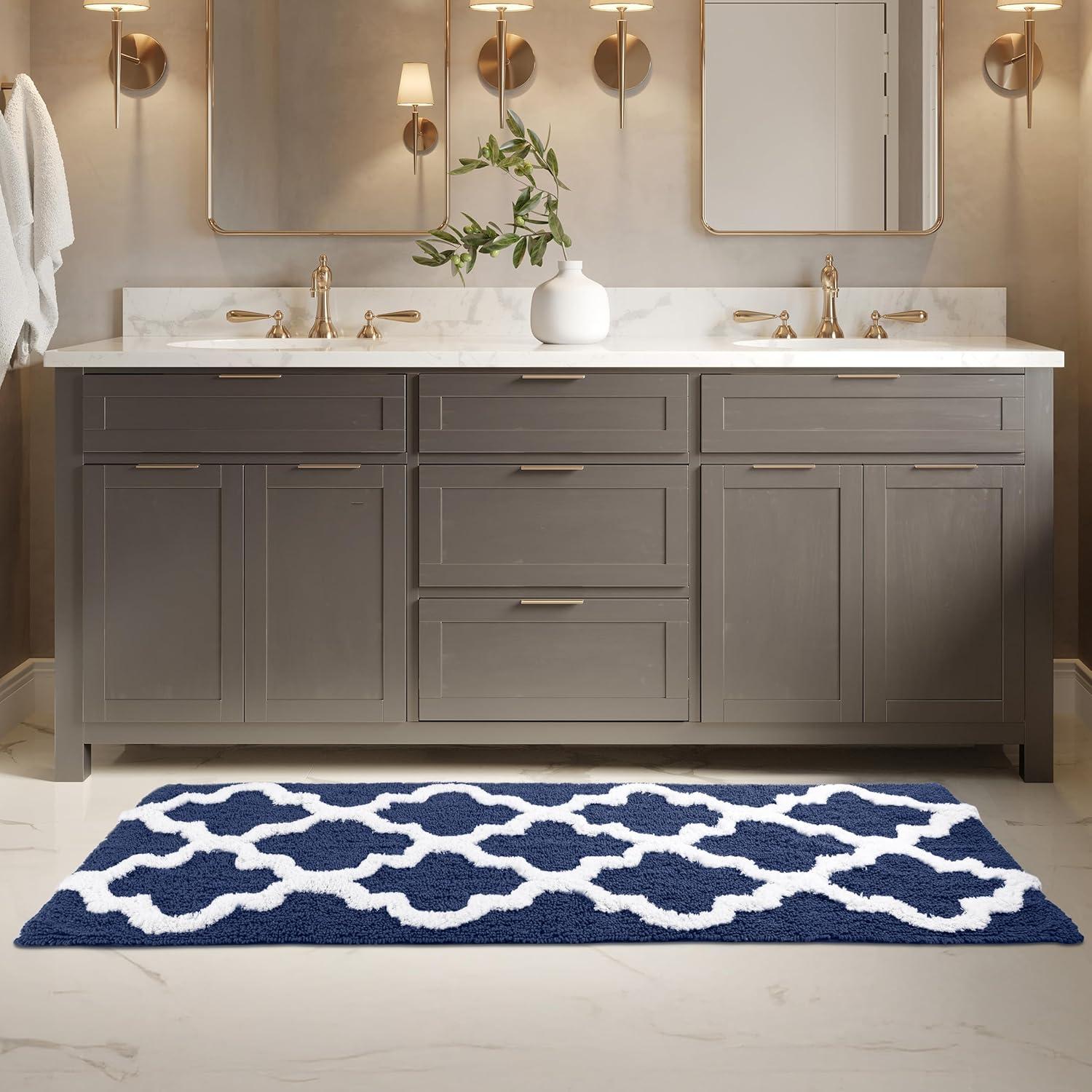 image100 Cotton Bathroom Rug 24x60Inch Bathmat with Trellis Pattern and NonSlip Base Machine Washable Bathroom Rugs by Lavish Home BlackNavy