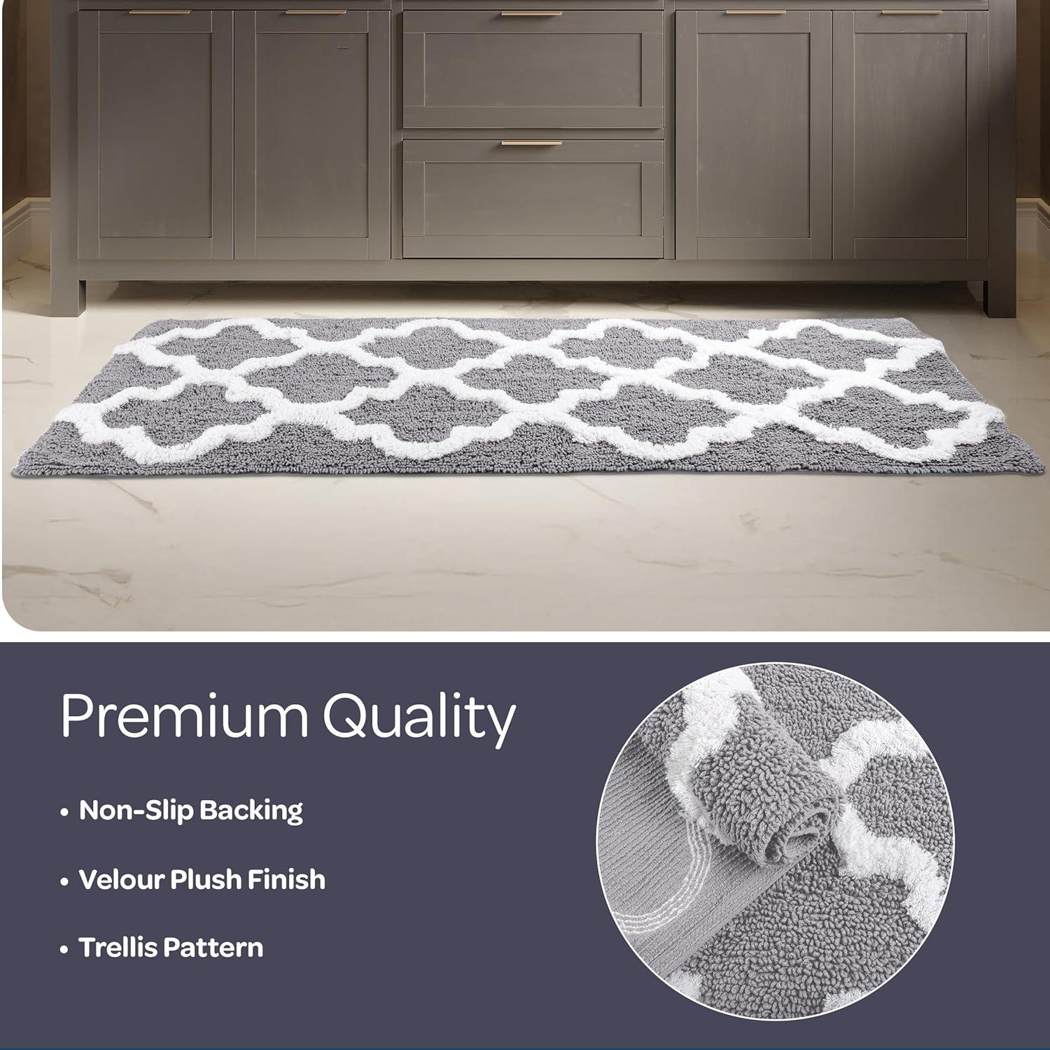 image100 Cotton Bathroom Rug 24x60Inch Bathmat with Trellis Pattern and NonSlip Base Machine Washable Bathroom Rugs by Lavish Home BlackSilver