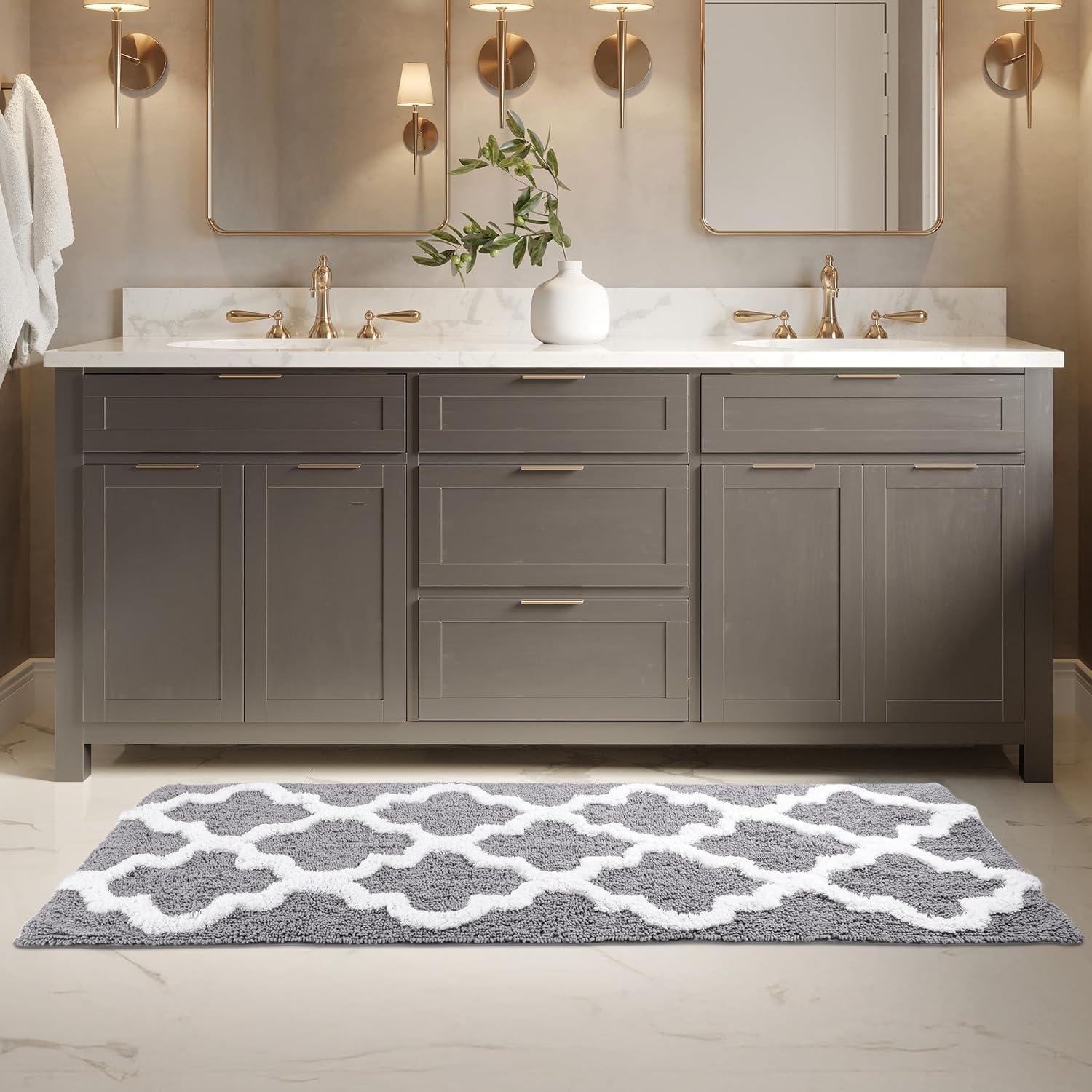 image100 Cotton Bathroom Rug 24x60Inch Bathmat with Trellis Pattern and NonSlip Base Machine Washable Bathroom Rugs by Lavish Home BlackSilver