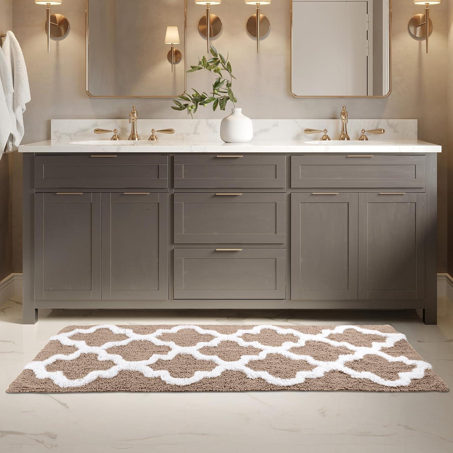 image100 Cotton Bathroom Rug 24x60Inch Bathmat with Trellis Pattern and NonSlip Base Machine Washable Bathroom Rugs by Lavish Home BlackTaupe