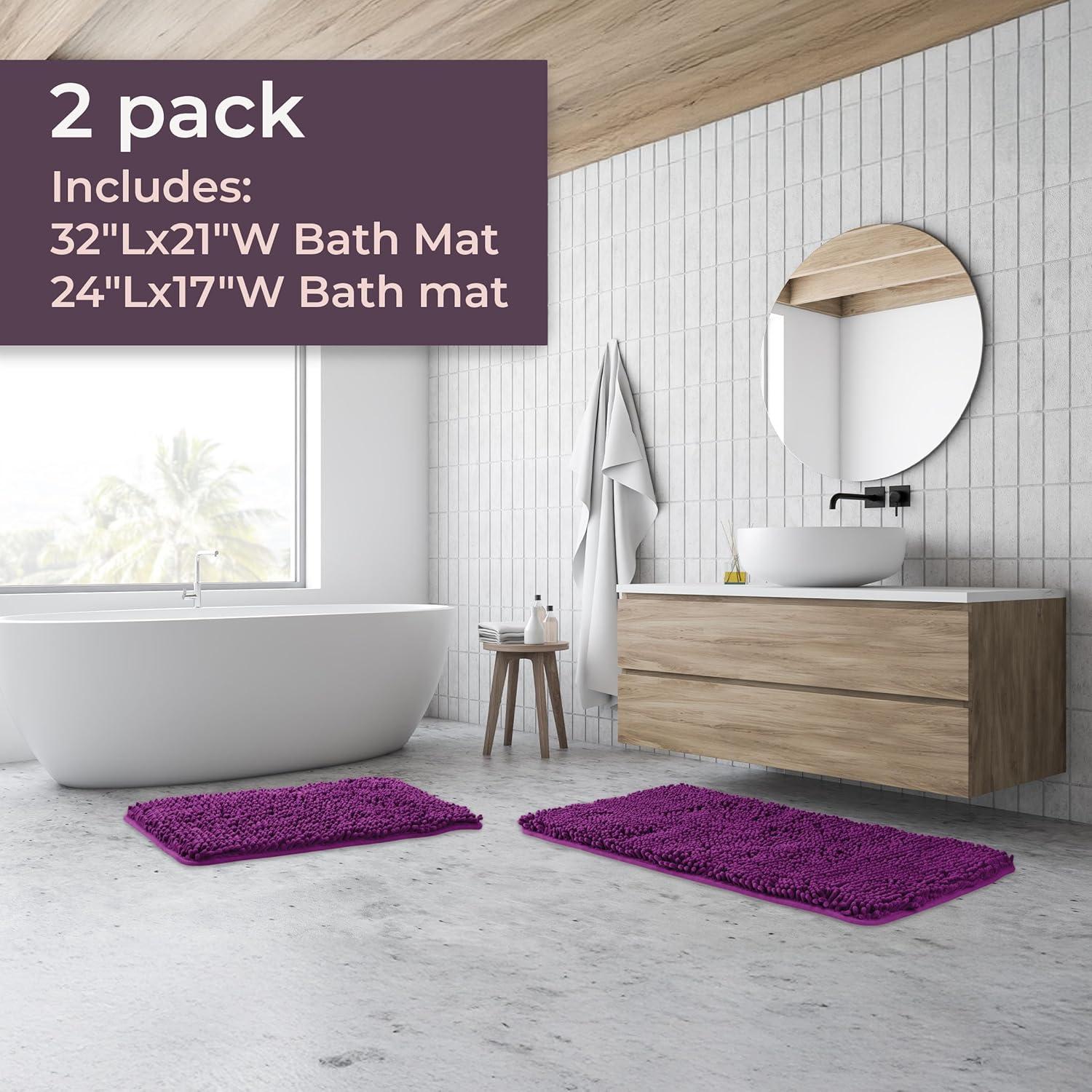 image2 Piece Bathroom Rug Set 32x21 Inch and 24x17 Inch Memory Foam Bath Mats with Chenille Shag Top for Stylish Bathroom Decor Machine Washable Bath Rugs Set of 2 by Lavish Home Purple