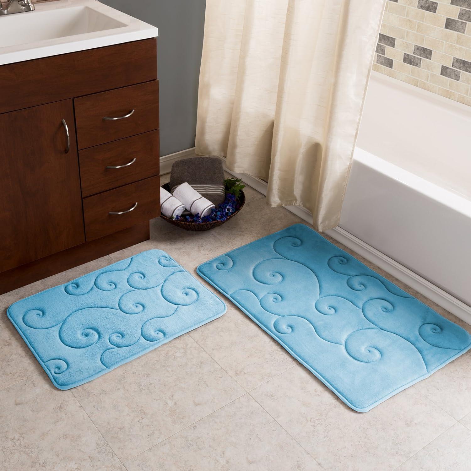 image2 pc Memory Foam Bath Mat Set by Lavish Home Coral Fleece Embossed Pattern Blue