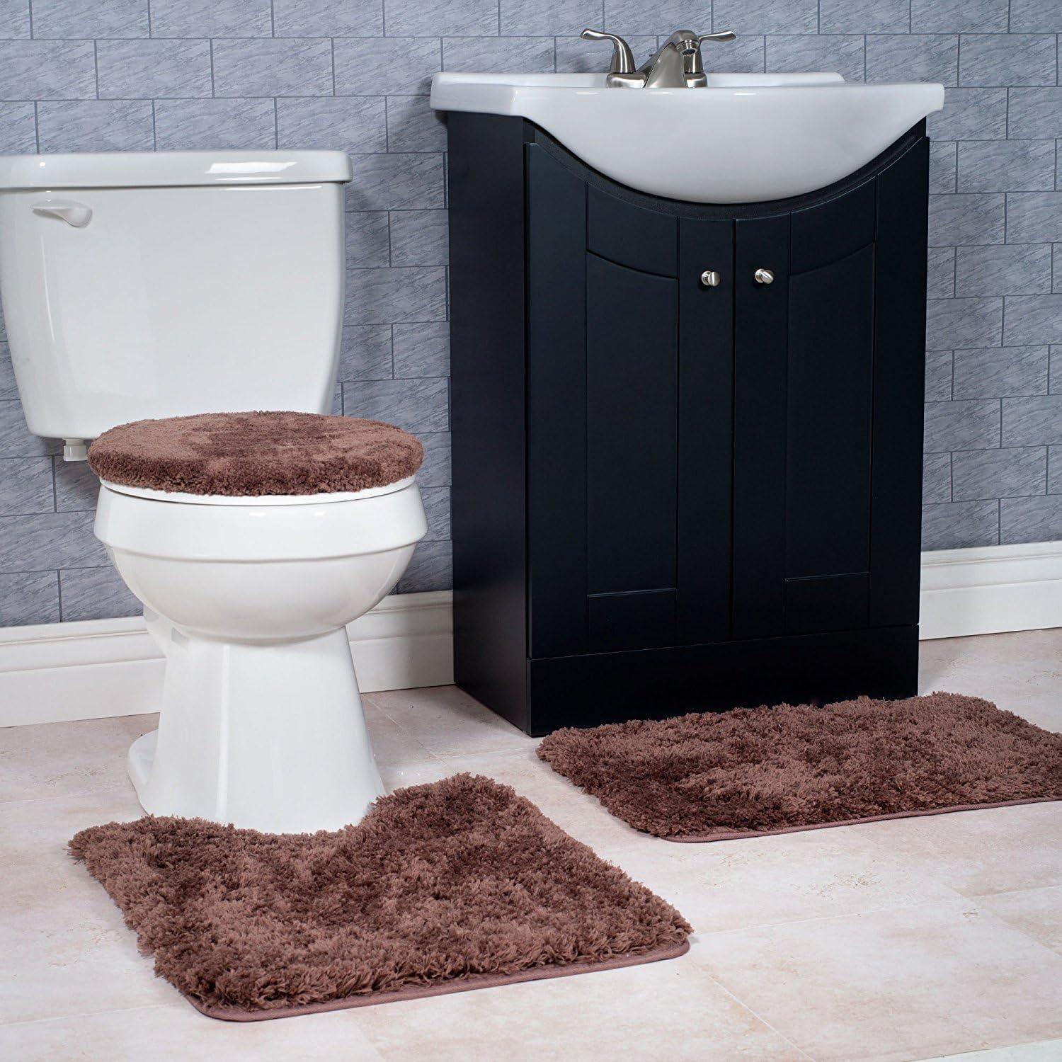 image3Piece Bathroom Rug Set NonSlip Bath Mat Set with Bath Rug Contour Mat and Toilet Lid Cover Machine Washable Mats by Lavish Home BlackChocolate
