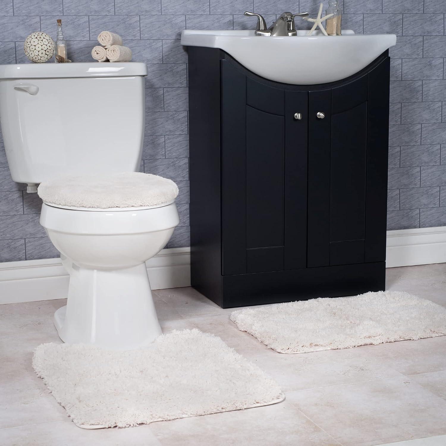 image3Piece Bathroom Rug Set NonSlip Bath Mat Set with Bath Rug Contour Mat and Toilet Lid Cover Machine Washable Mats by Lavish Home BlackIvory