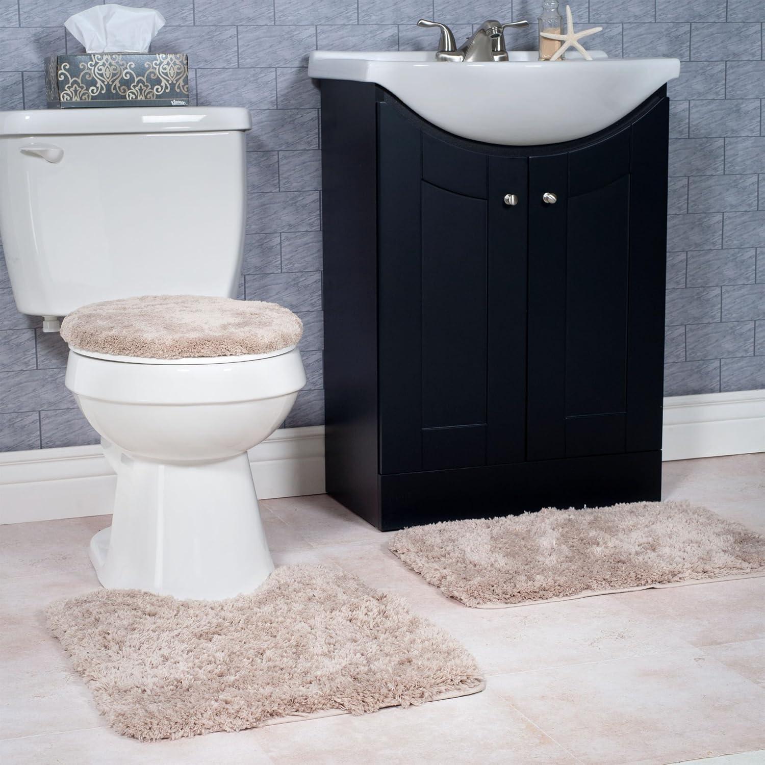 image3Piece Bathroom Rug Set NonSlip Bath Mat Set with Bath Rug Contour Mat and Toilet Lid Cover Machine Washable Mats by Lavish Home BlackTaupe
