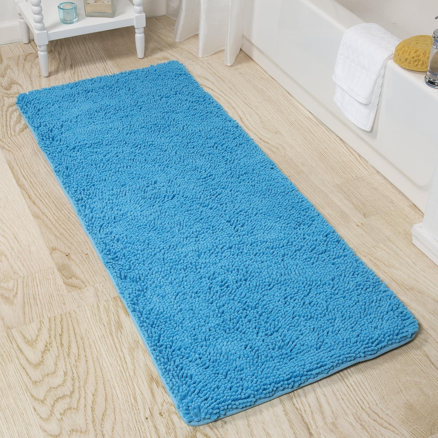 imageBath Mat 58x24Inch Bathroom Runner with NonSlip Backing Absorbent HighPile Chenille Memory Foam Bathroom Rug by Lavish Home WhiteBlue