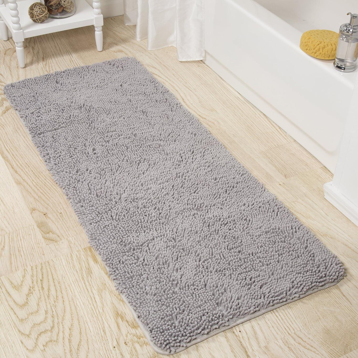 imageBath Mat 58x24Inch Bathroom Runner with NonSlip Backing Absorbent HighPile Chenille Memory Foam Bathroom Rug by Lavish Home WhiteGrey