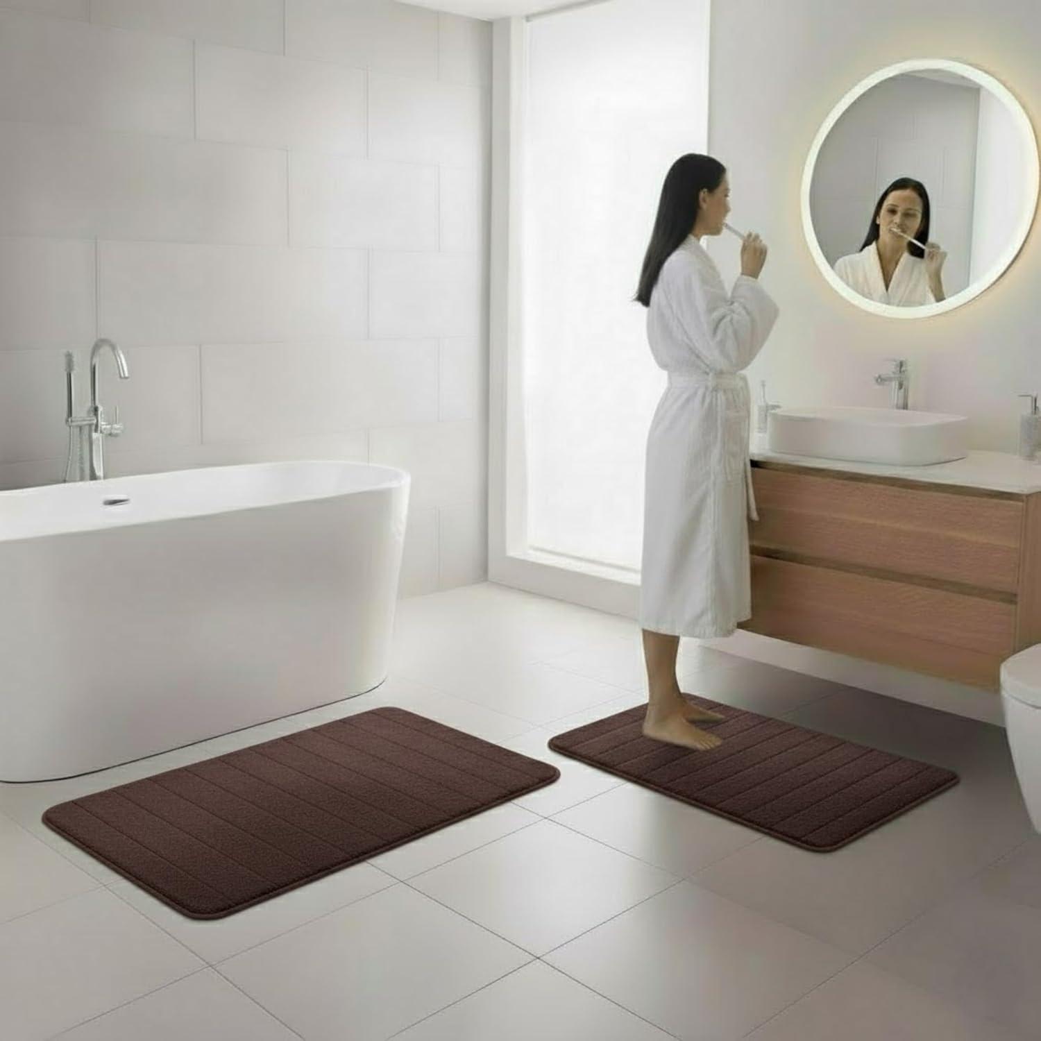 imageBathroom Rug Set2Piece Memory Foam BathmatsStriped Microfiber TopNonSlip Absorbent Runner for Shower Tub Sink or Kitchen by Lavish Home Brown