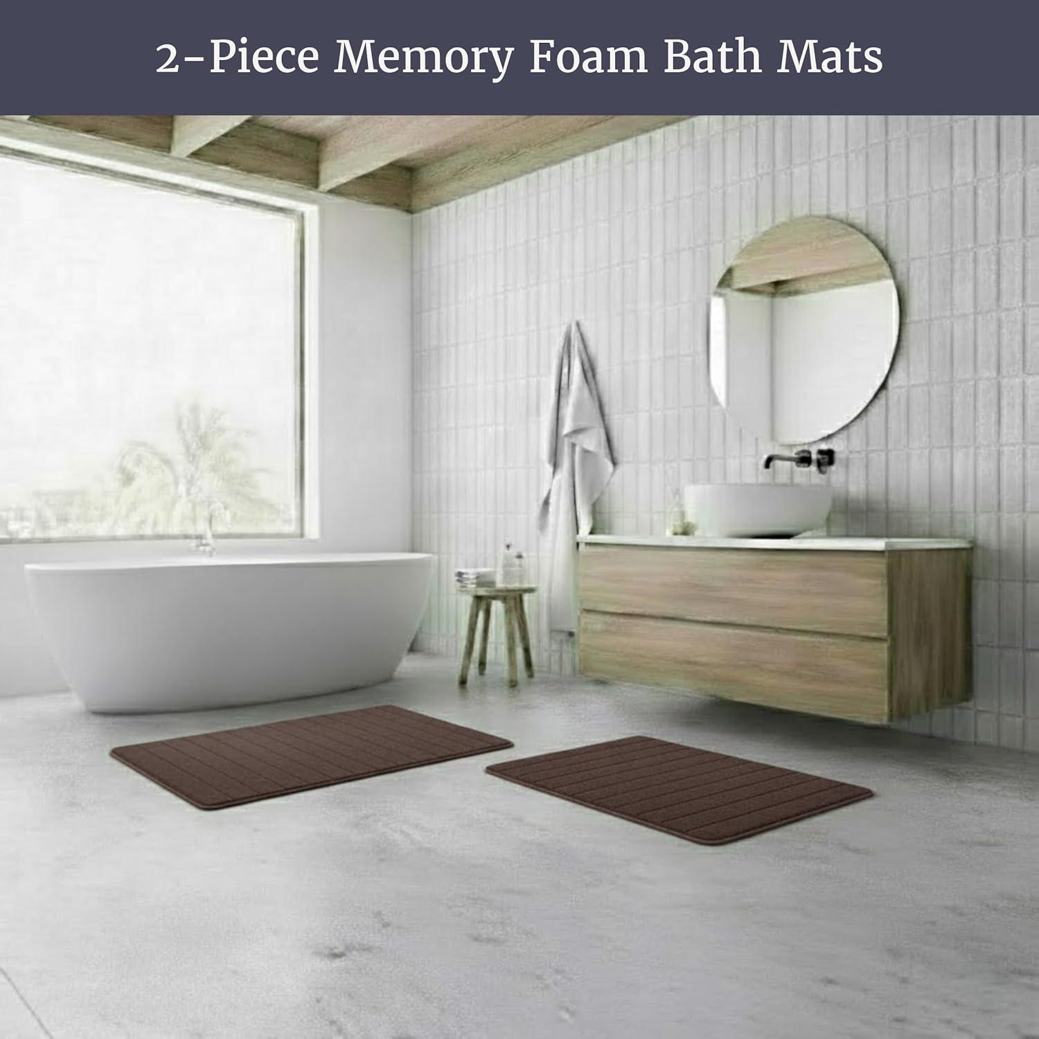 imageBathroom Rug Set2Piece Memory Foam BathmatsStriped Microfiber TopNonSlip Absorbent Runner for Shower Tub Sink or Kitchen by Lavish Home Brown