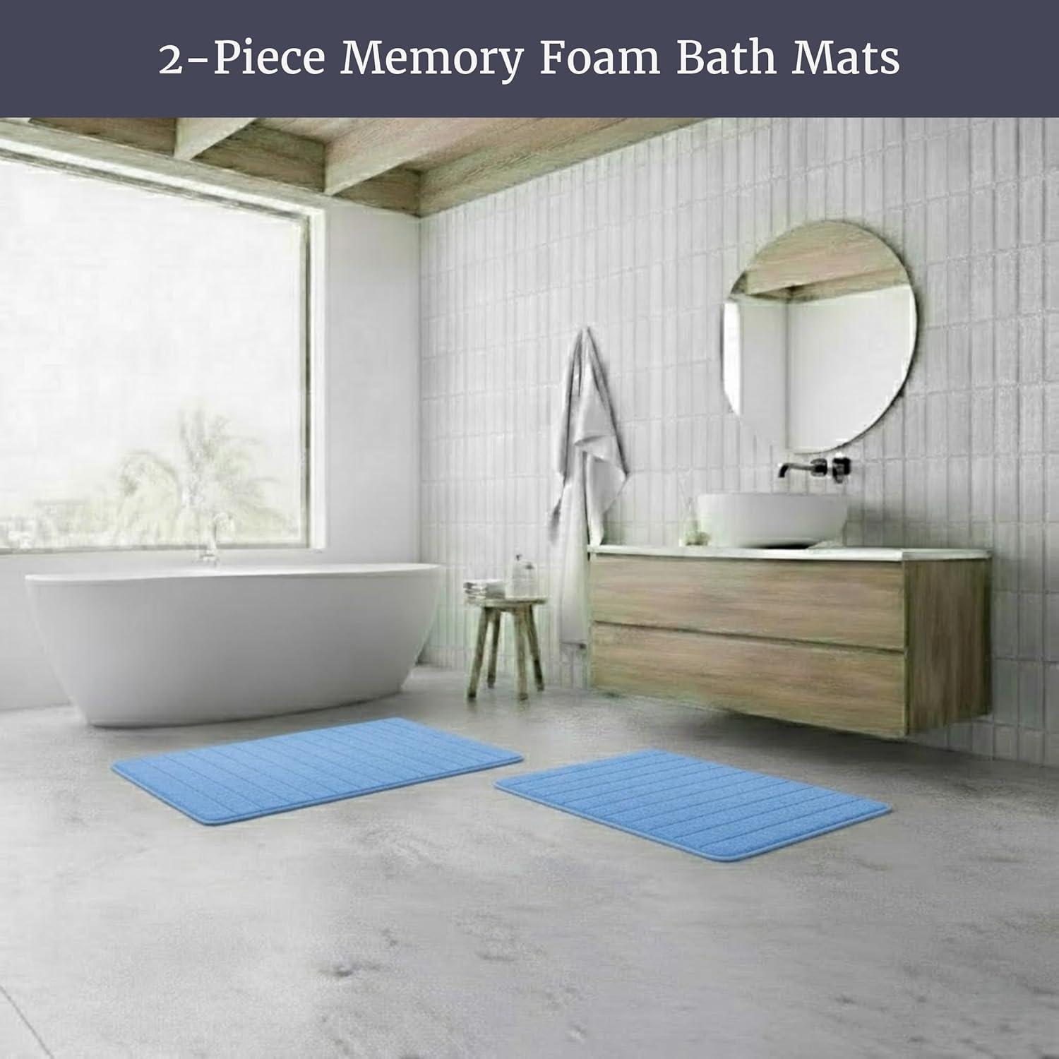 imageBathroom Rugs 2Piece Memory Foam Bath Mats with Microfiber Top NonSlip Absorbent Rugs for Shower Laundry or Kitchen by Lavish Home Blue