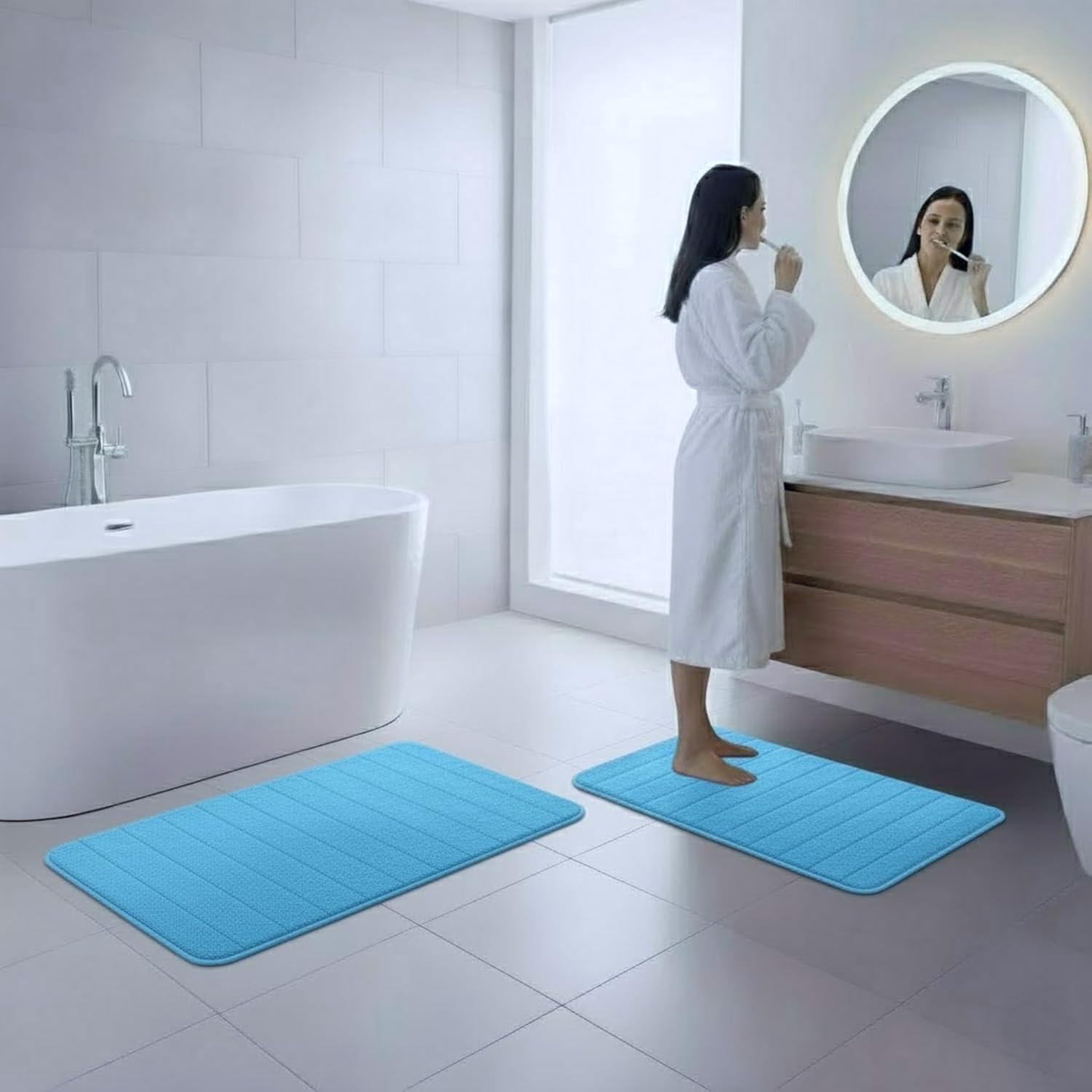 imageBathroom Rugs 2Piece Memory Foam Bath Mats with Microfiber Top NonSlip Absorbent Rugs for Shower Laundry or Kitchen by Lavish Home Blue